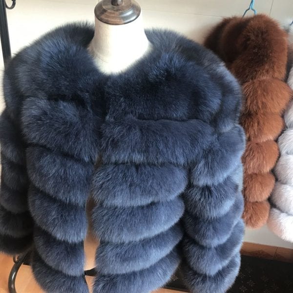 2019 55CM New Women Warm Real Fox Fur Coat Short Winter Fur Jacket Outerwear Natural Blue 7