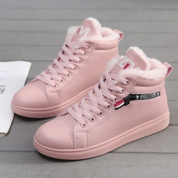 2019 Winter Boots Women Ankle Boots Warm PU Plush Winter Woman Shoes Sneakers Flats Lace Up 4