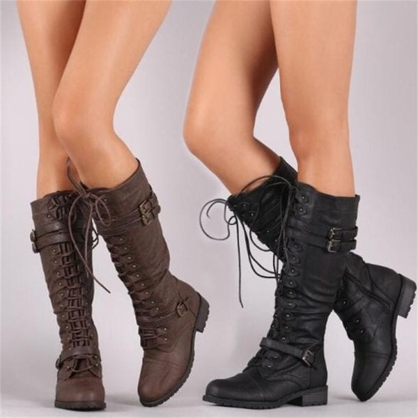 Knee High Women Boots Autumn woman shoes Winter Lace Up Vintage Flat Shoes Sexy Steampunk Leather 1