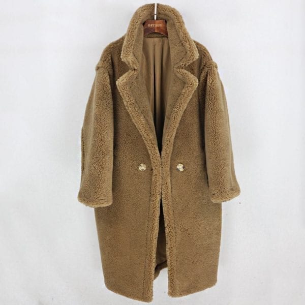 Real Fur Long Coat Winter Jacket Women 100 Wool Content Woven Fabric Thick Warm Loose Outerwear 3