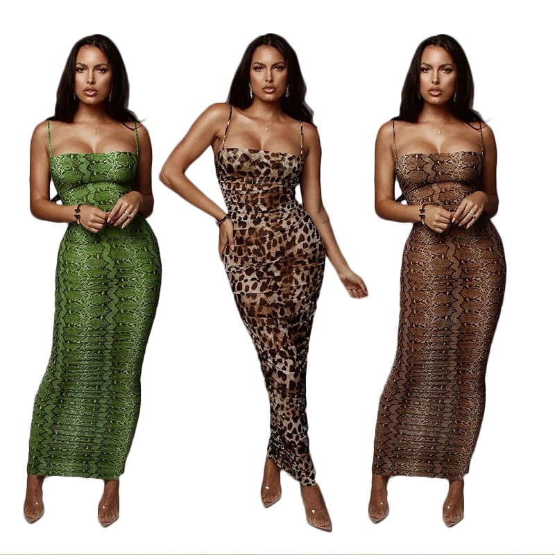 Sexy Leopard Print Snake Skin Dress Women Backless Elegant Bodycon Slim Pencil Dress Plus Size Maxi