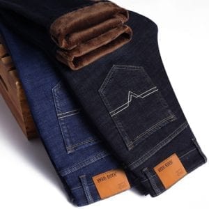 Winter Thermal Warm Flannel Stretch Jeans Mens Winter Quality Famous Brand Fleece Pants Men Straight Flocking