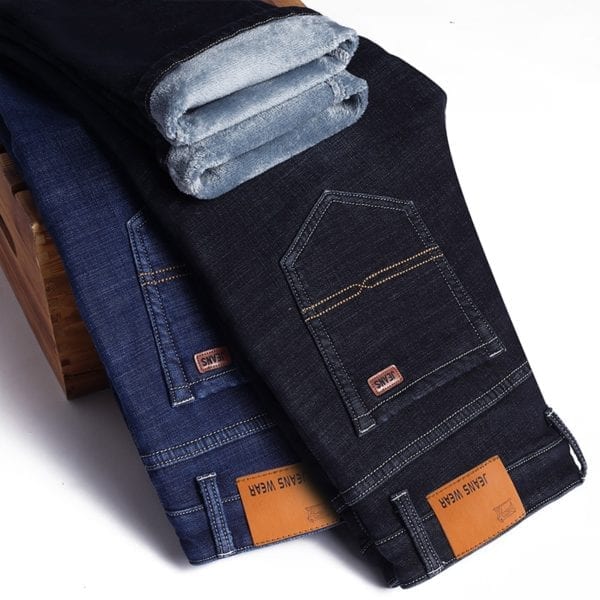 Winter Thermal Warm Flannel Stretch Jeans Mens Winter Quality Famous Brand Fleece Pants Men Straight Flocking 4