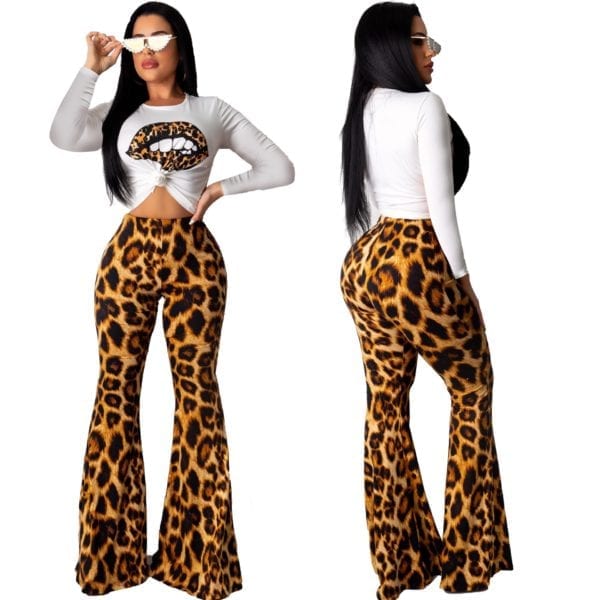 Woman Leopard Print 2 Pieces Sets Outfits Sexy Long Sleeve Top and Flare Pants Set Evening 1