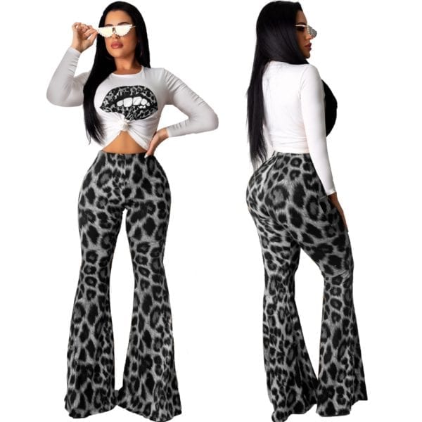 Woman Leopard Print 2 Pieces Sets Outfits Sexy Long Sleeve Top and Flare Pants Set Evening 2