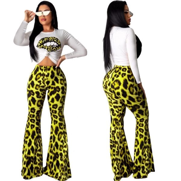 Woman Leopard Print 2 Pieces Sets Outfits Sexy Long Sleeve Top and Flare Pants Set Evening 3