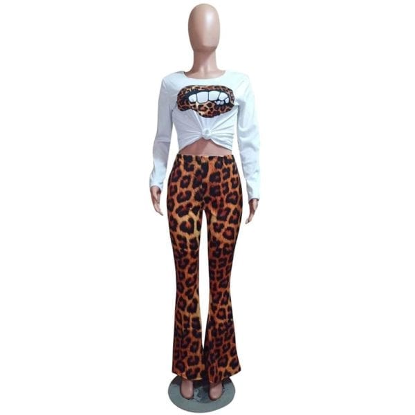 Woman Leopard Print 2 Pieces Sets Outfits Sexy Long Sleeve Top and Flare Pants Set Evening 4