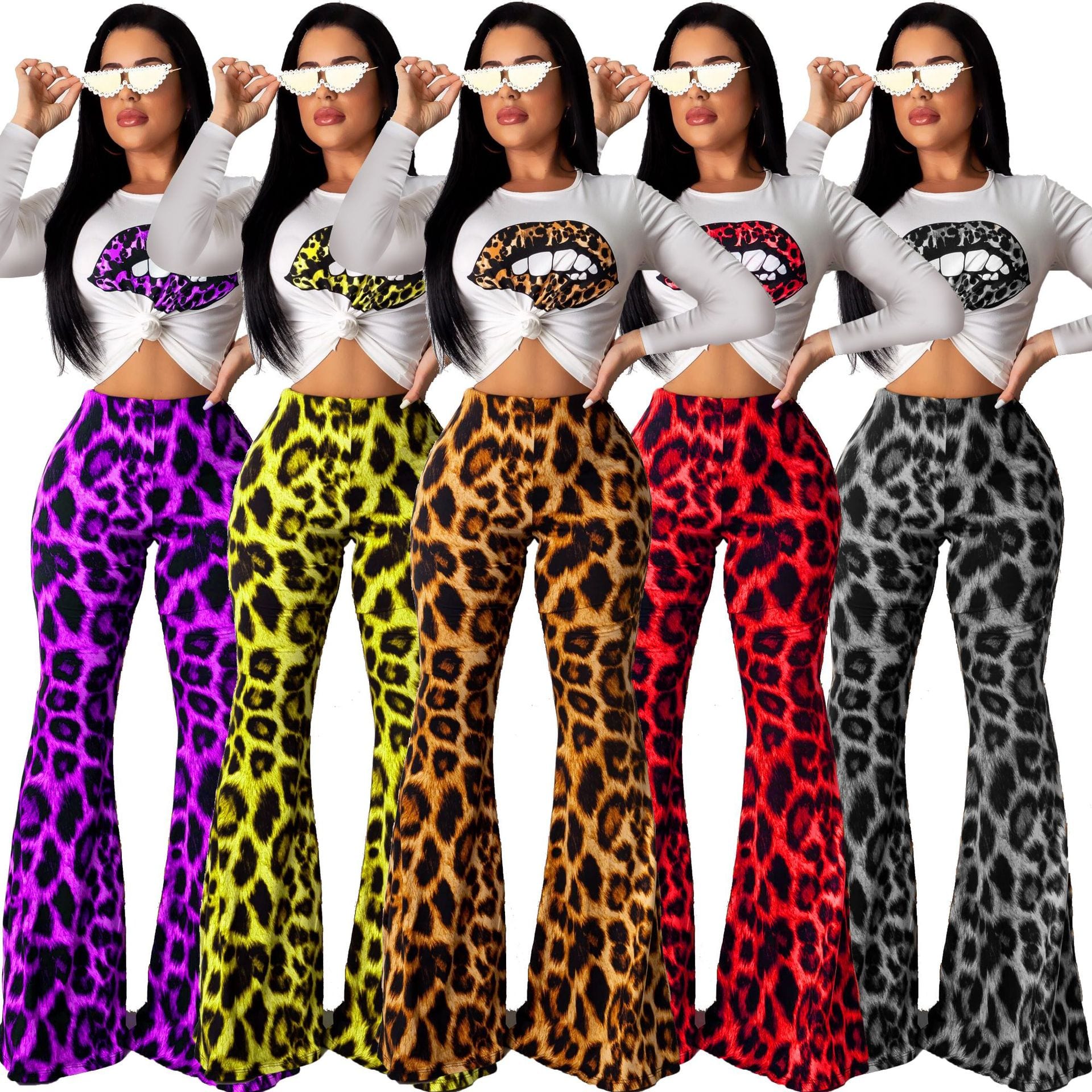 Woman Leopard Print 2 Pieces Sets Outfits Sexy Long Sleeve Top and Flare Pants Set Evening
