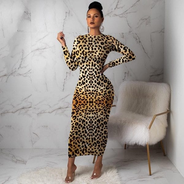 Women Leopard Long Sleeve Dress Evening Party Dresses Autumn Winter Bodycon Ankle Length Slim Elegant High 3