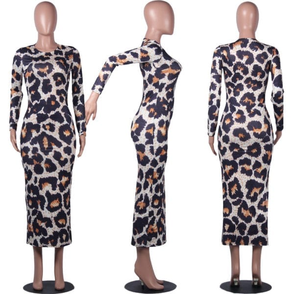 Women Leopard Long Sleeve Dress Evening Party Dresses Autumn Winter Bodycon Ankle Length Slim Elegant High 4