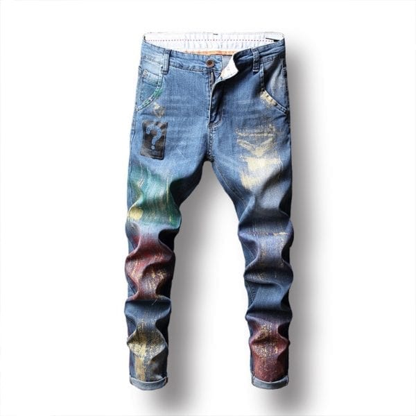 fashion stylish cool mens pants jeans with print graffiti painted denim slim fit white jeans men 2