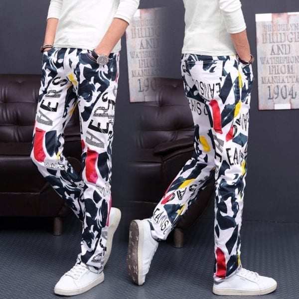 fashion stylish cool mens pants jeans with print graffiti painted denim slim fit white jeans men 3