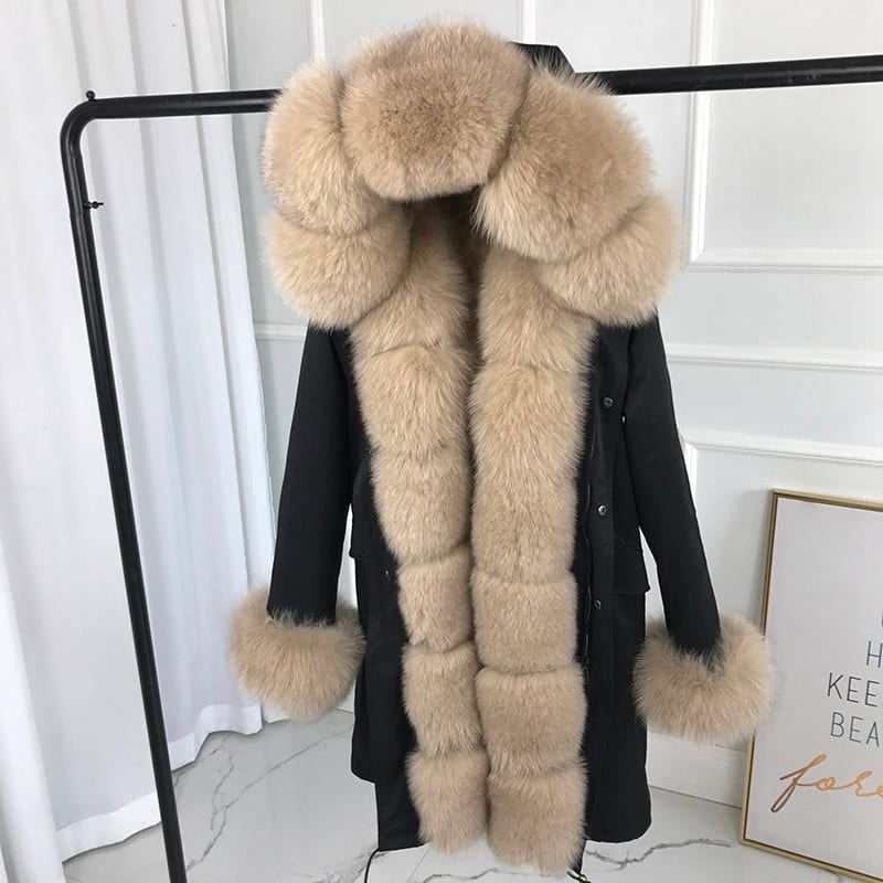 real natural fox fur coat jacket parka with big large fox fur collar and fox fur 6