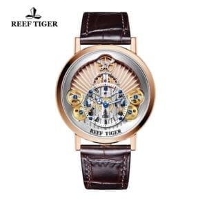 2019 New Reef Tiger RT Luxury Gear Quartz Watches for Men Genuine Leather Strap Skeleton Watches