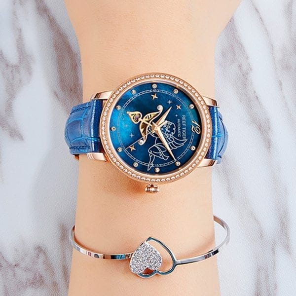 2019 Reef Tiger RT Blue Dial Watches for Women Diamonds Automatic Watch Leather Band Rose Gold 1