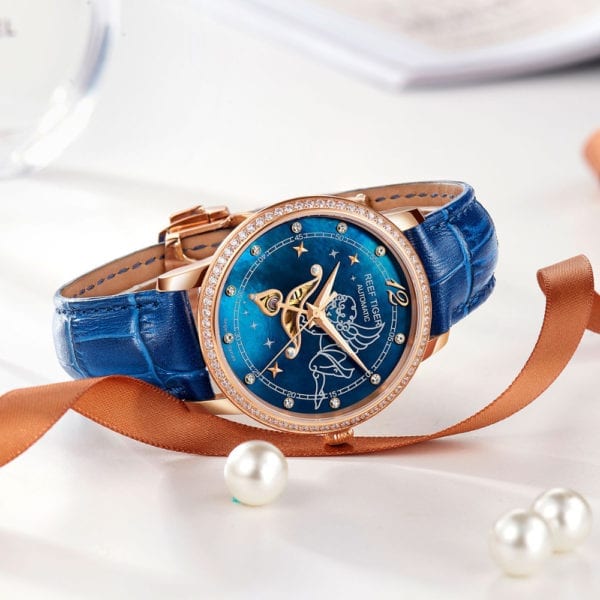 2019 Reef Tiger RT Blue Dial Watches for Women Diamonds Automatic Watch Leather Band Rose Gold 2