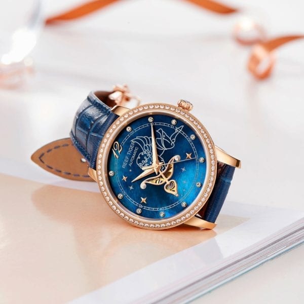 2019 Reef Tiger RT Blue Dial Watches for Women Diamonds Automatic Watch Leather Band Rose Gold 3