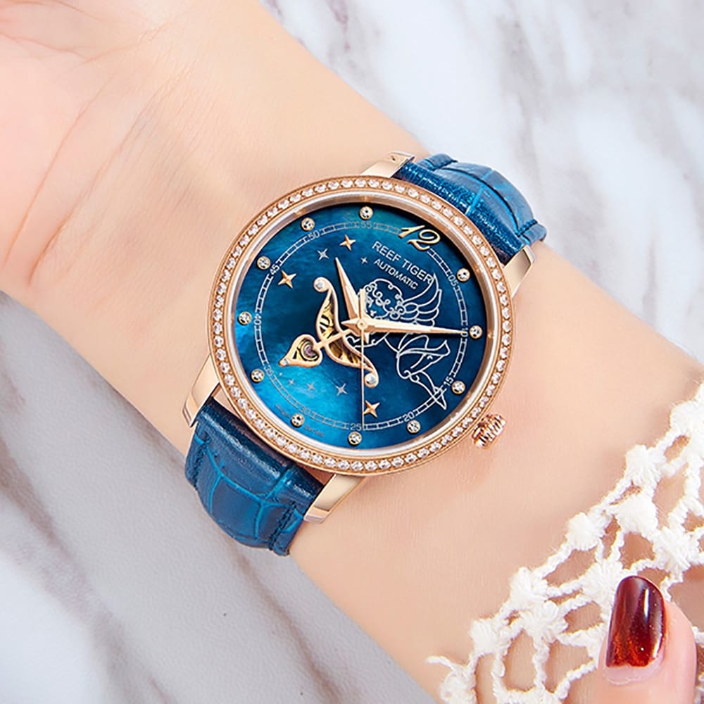 2019 Reef Tiger RT Blue Dial Watches for Women Diamonds Automatic Watch Leather Band Rose Gold