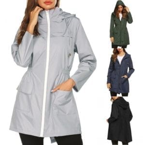 Fashion Ladies Long sleeved Waterproof Suit Outdoor Hooded Raincoat Jacket Coat Solid Color