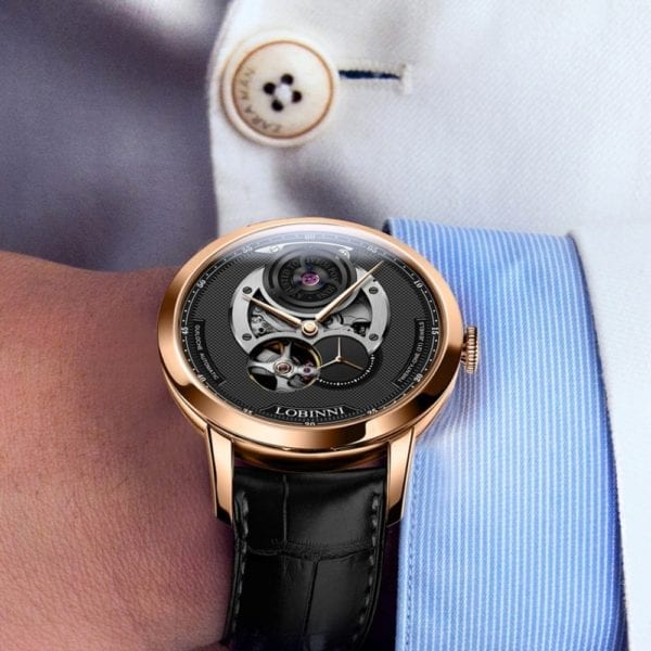 LOBINNI Mens Business 50M Waterproof Genuine Leather Strap Hollow Out Dial Automatic Mechanical Wrist Watch Rosegold 2