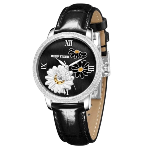 Reef Tiger RGA1585 Lady Luxury Genuine Leather Hollow Out Dial Women Automatic Meachanical Wrist Watch Silver 1