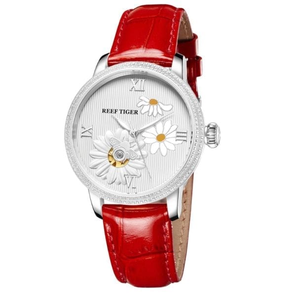 Reef Tiger RGA1585 Lady Luxury Genuine Leather Hollow Out Dial Women Automatic Meachanical Wrist Watch Silver 3