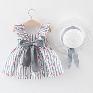 2021 New Childern Toddler Baby Kids Girls Floral Ruched Bow Watermelon Princess Dress Clothes Hat Summer