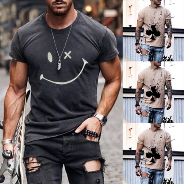 2021 Summer Casual Short Sleeve T Shirts For Mens Fashion Smiley Face Print O Neck Pullover 2