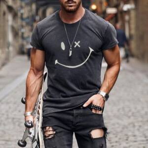 2021 Summer Casual Short Sleeve T Shirts For Mens Fashion Smiley Face Print O Neck Pullover