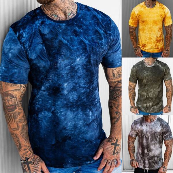 2021 Summer Fashion Do old printing Men Gradient Color Short Sleeve Round Neck T Shirt Slim 4