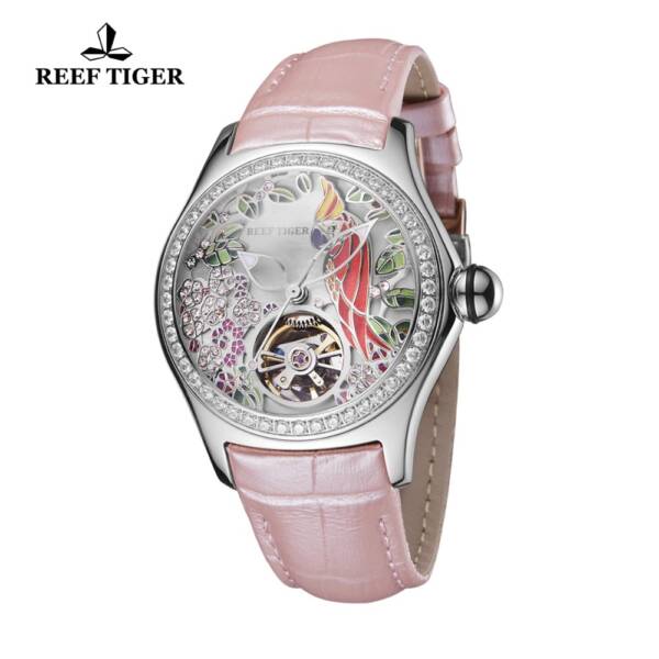 Reef Tiger 2021 Diamonds Fashion Watches Women Steel Genuine Leather Strap Automatic Analog Watches Waterproof RGA7105 2