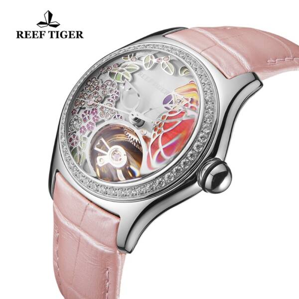 Reef Tiger 2021 Diamonds Fashion Watches Women Steel Genuine Leather Strap Automatic Analog Watches Waterproof RGA7105 3