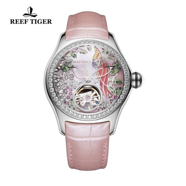 Reef Tiger 2021 Diamonds Fashion Watches Women Steel Genuine Leather Strap Automatic Analog Watches Waterproof RGA7105 4