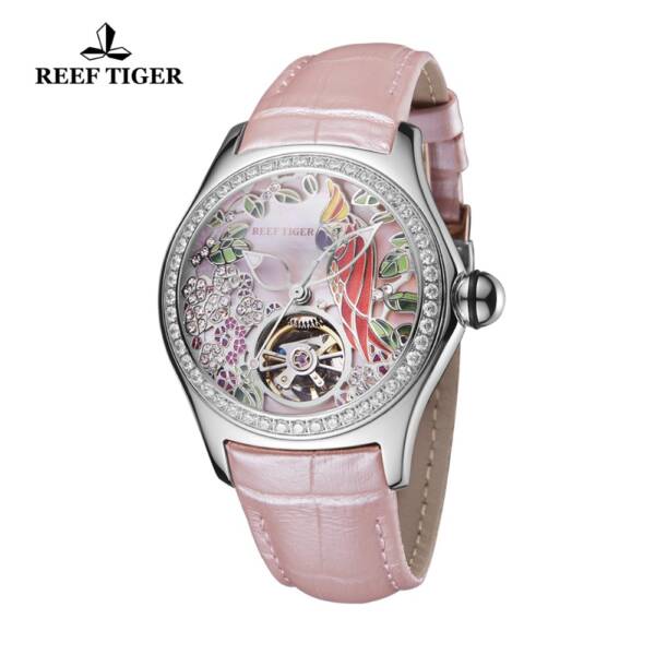 Reef Tiger 2021 Diamonds Fashion Watches Women Steel Genuine Leather Strap Automatic Analog Watches Waterproof RGA7105 5