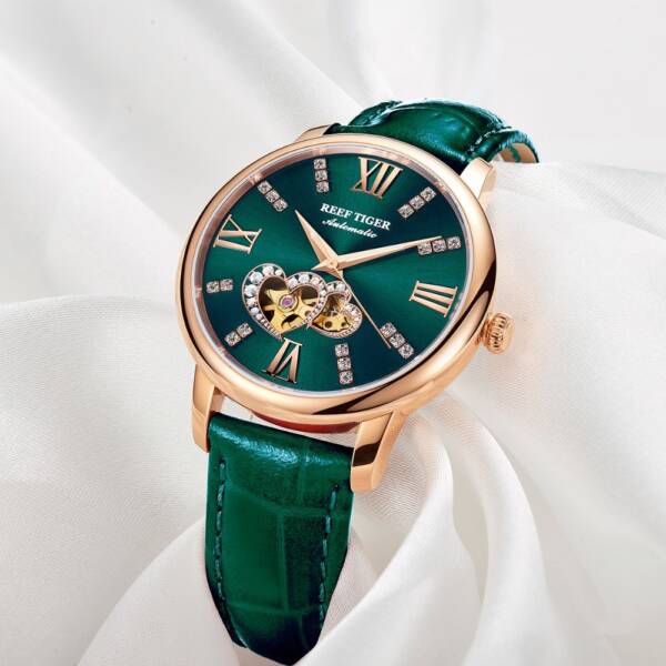 Reef Tiger RT 2021 New Design Fashion Ladies Watch Rose Gold Green Dial Mechanical Watch Leather 1