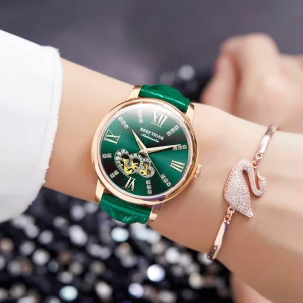 Reef Tiger RT 2021 New Design Fashion Ladies Watch Rose Gold Green Dial Mechanical Watch Leather 2