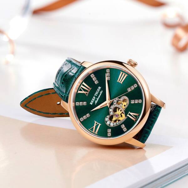 Reef Tiger RT 2021 New Design Fashion Ladies Watch Rose Gold Green Dial Mechanical Watch Leather 3