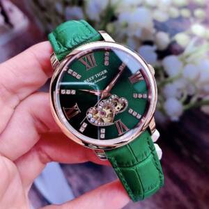 Reef Tiger RT 2021 New Design Fashion Ladies Watch Rose Gold Green Dial Mechanical Watch Leather