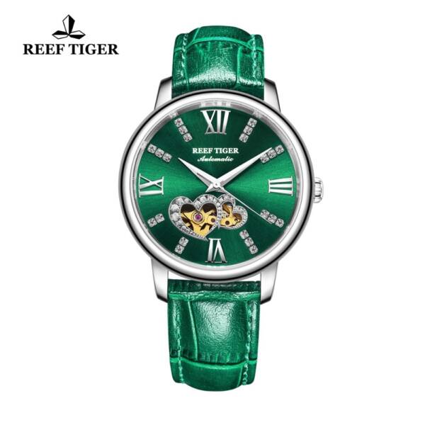 Reef Tiger RT 2021 New Design Fashion Ladies Watch Rose Gold Green Dial Mechanical Watch Leather 4