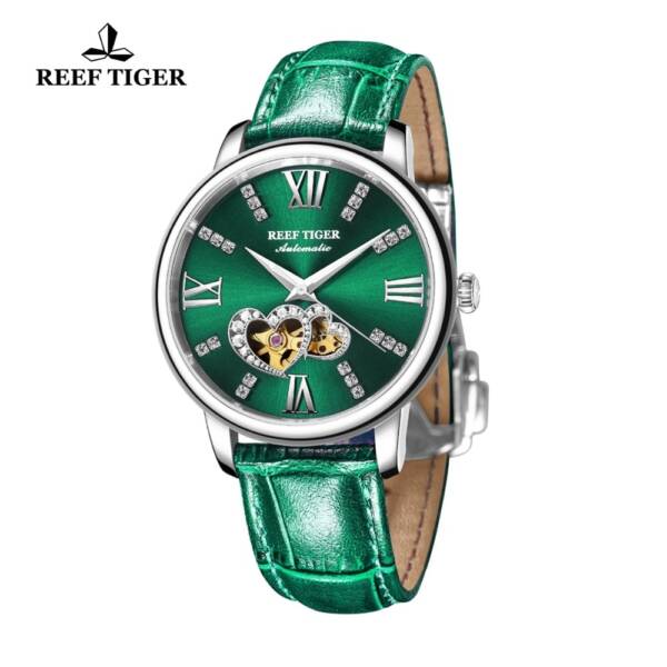 Reef Tiger RT 2021 New Design Fashion Ladies Watch Rose Gold Green Dial Mechanical Watch Leather 5