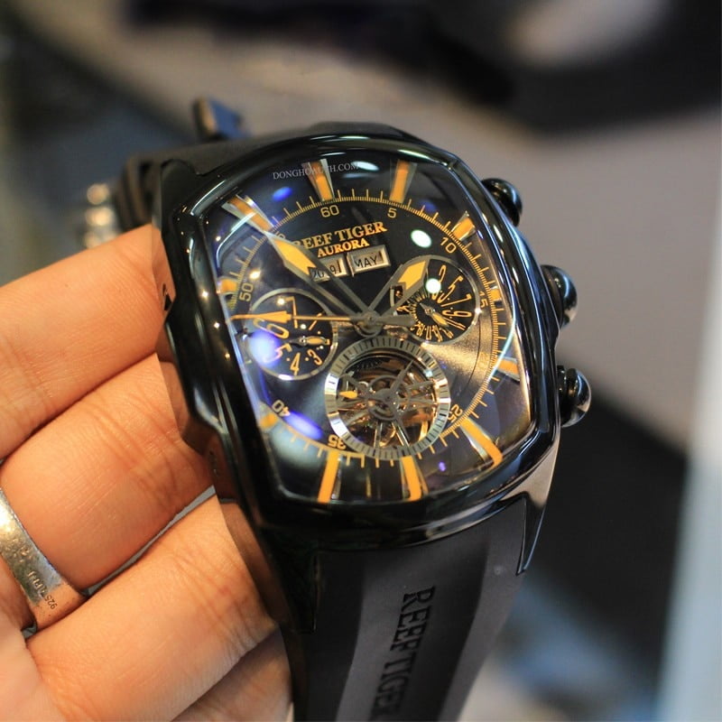Reef Tiger RT Top Brand Luxury Big Watch for Men Blue Dial Mechanical Tourbillon Sport Watches