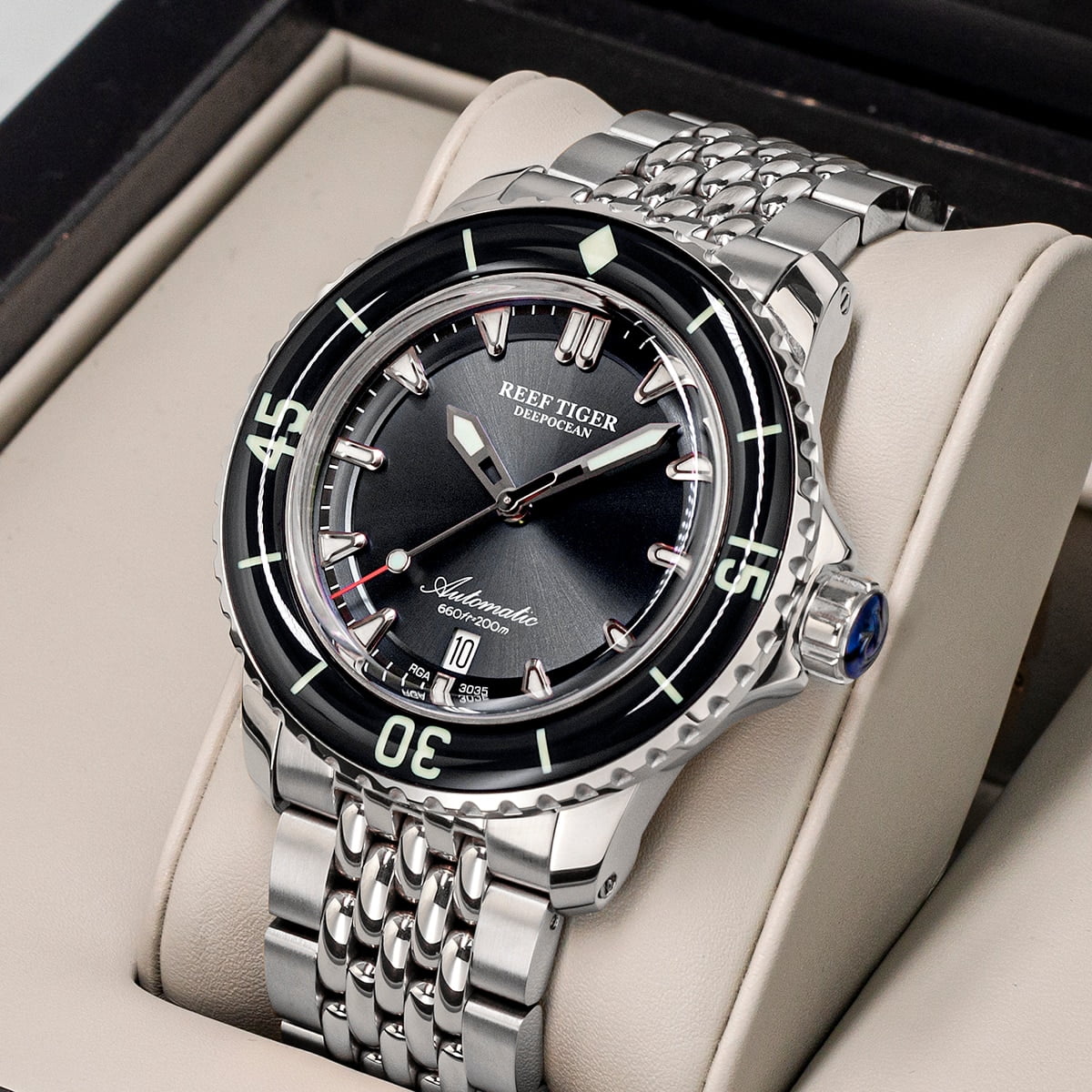 Reef Tiger RT Top Brand Men Mechanical Steel Dive Watches Sapphire Crystal Bracelet Watches Luminous Watch