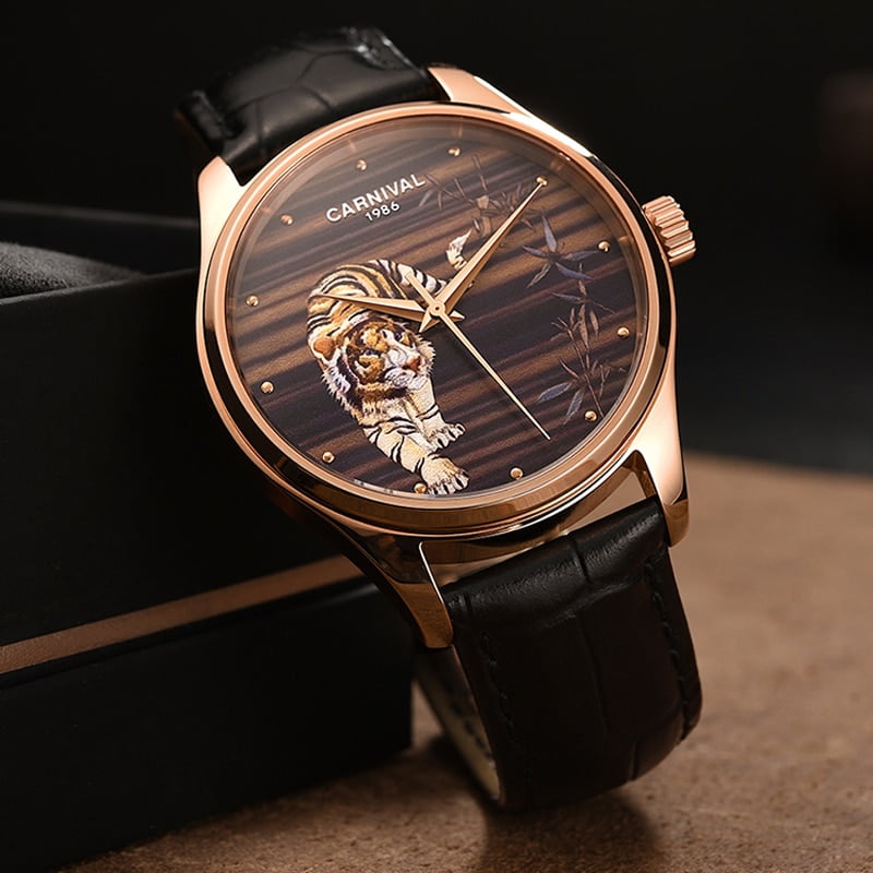 Relogio Masculino Carnival Brand Luxury Automatic Watch Mens Fashion 3D Tiger Rose Gold Mechanical Wristwatch Clock