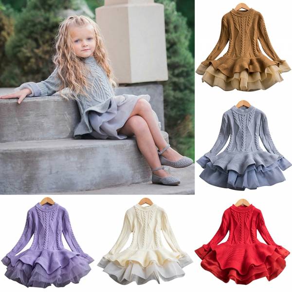 Sale 2021 Winter Knitted Chiffon Girl Sweater Dress Party Long Sleeve Children Clothes Dresses For Girls 5