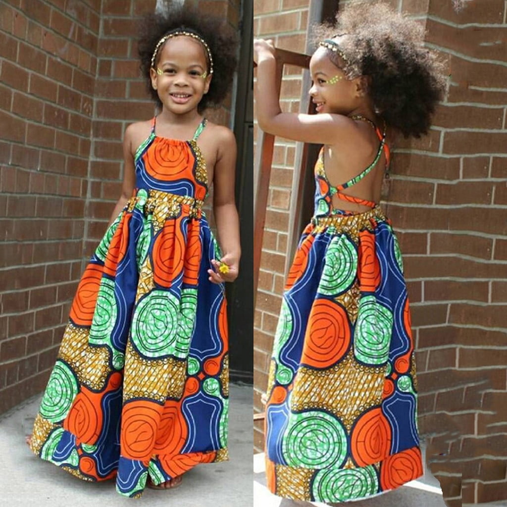 Summer African Girls Dress Kids Girls African Dashiki 3D Digital Print Suspenders Princess Dress Beach Casual