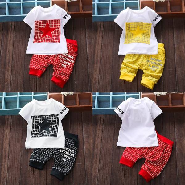 Toddler Baby Boys Girls 4th Of July Clothes Short Sleeve Letter Star Print Plaid Tops Pants
