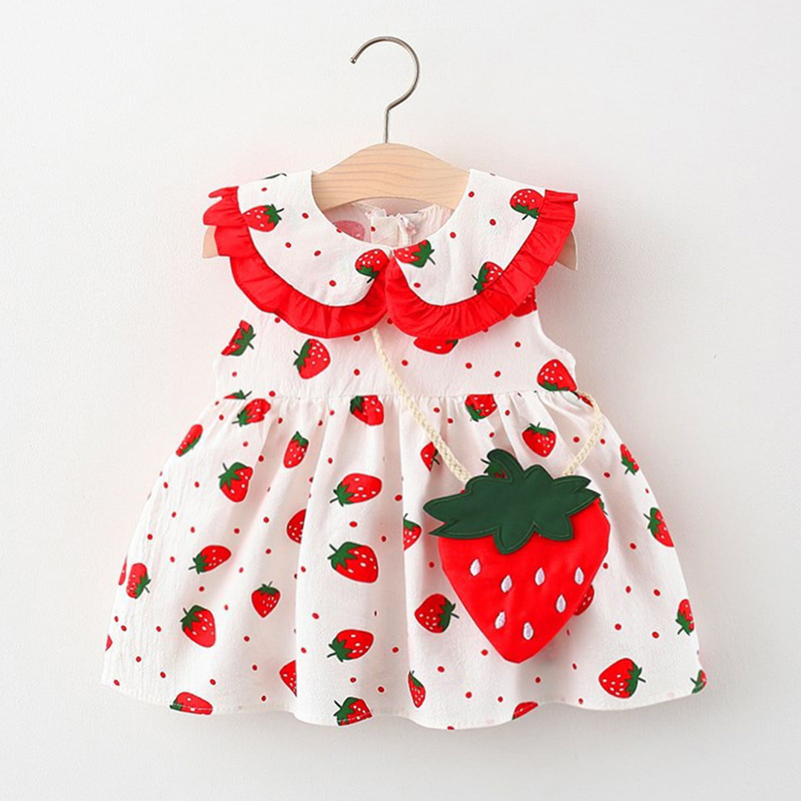 Toddler Baby Girls Summer Dress Kids Peter Pan Collar Strawberry Print Casual Daily Dresses For Girls