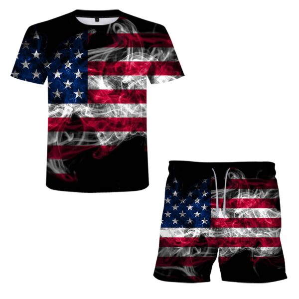 2021 New Brand Summer Men s American Flag Print Short Sleeve T shirt Set 2pieces Men 2