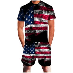 2021 New Brand Summer Men s American Flag Print Short Sleeve T shirt Set 2pieces Men