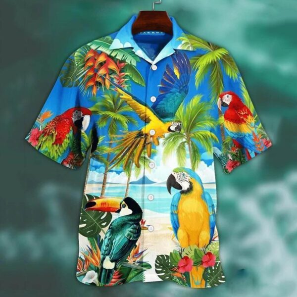 Animal Parrot Print Patchwork Fashion Hawaiian Men Shirt Cool Turn Down Collar Short Sleeve Streetwear Beach 1